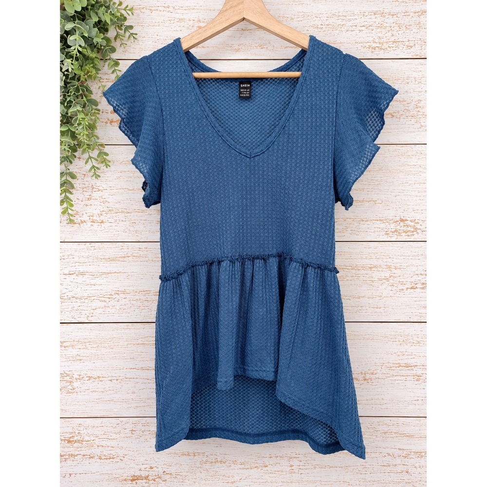 SHEIN Peplum Top Women Large Blue Waffle Knit V-Neck Flutter Sleeve